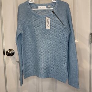 The Childrens Place Girls Blue Shimmer Open Knit Zipper Sweater Size S 5/6 NWT